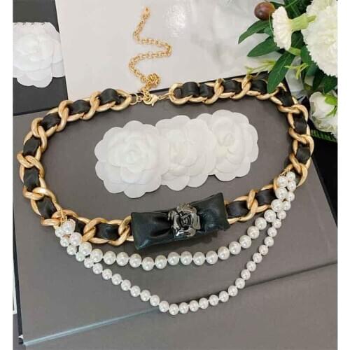 Fashion Belt 2021 Women Sheepskin Waist Chain Pearls Belt Waistband Camellia Bowknot Decorative Women Belts Runway