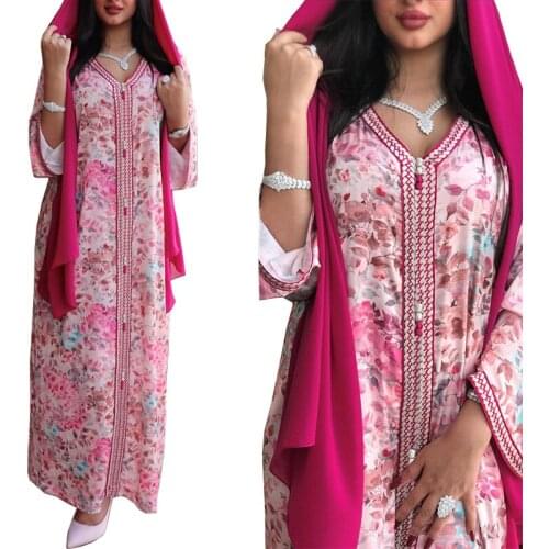 MCK Abaya Dress Pink Flower Print Floral Long Maxi Gown Robe Middle East Dubai Arabic Party Evening Islam Women Clothing