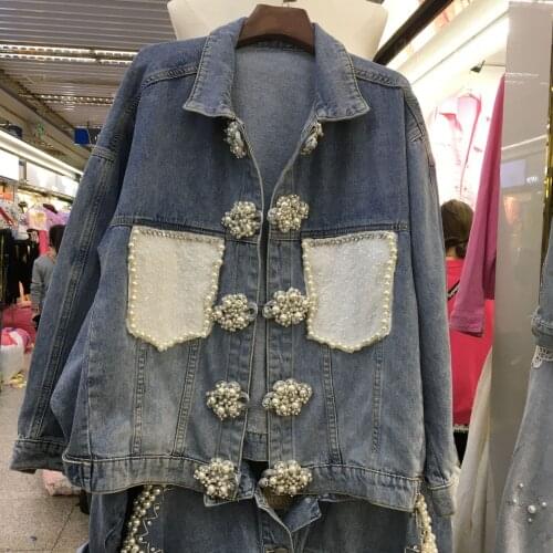 2021 New Fashion Chinese Style Pearl Chinese Knot Button Denim Jacket Female Beaded Patchwork Loose Long Sleeve Cowboy Tops y992