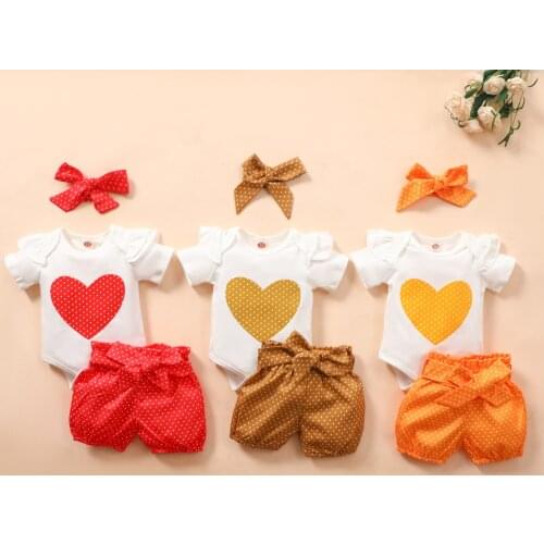 2021 Baby Summer Valentine Clothing Girl Heart 3Pcs Romper Set, Short Sleeve Triangle Crotch Tops Wave Point Shorts Bow Headband