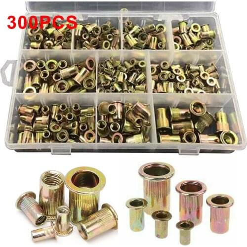 300Pcs Aluminum Rivet Nut Set M3/4/5/6/8/10/12 Zinc Plated Stainless Steel Flat Head Metric Rivet Nut Tool Accessories