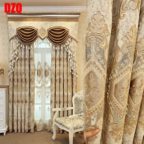 European and American luxury high quality elegant beige chenille embroidered blackout curtains for living room windows bedroom