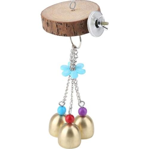 1Pc Bird Parrot Toy With 3 Ring Bells Natural Wooden Parrots Swing Bird Perch Hanging Swings Cage With Colorful Beads Bells Toys