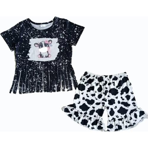 Toddler Baby Girl Clothes Outfits Set Cow Black Print T-Shirt Short Bell-Bottom Pants For Summer Casual Baby Kids Wear