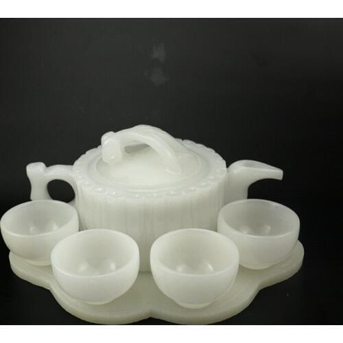 A set TOP COOL GIFT 2020 HOME OFFICE Company ROOM TOP Business Decorative Collection White Jade Teapot Cups Hand carving statue