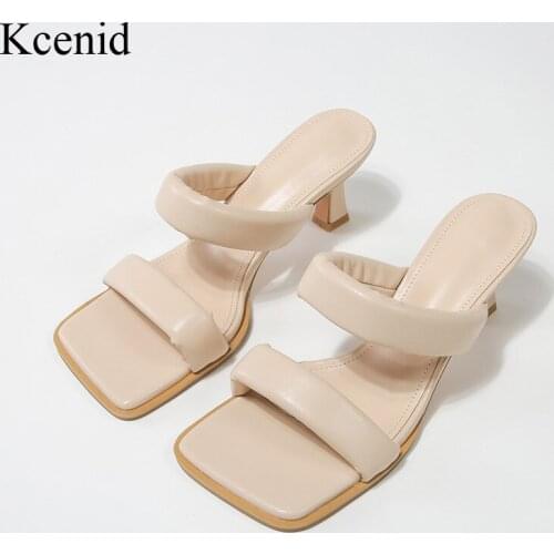 Kcenid 2021 New Women Slippers Summer High Heels Fashion Square Toe Sandals Ladies Shoes Slip On Casual Slides Mujer Apricot