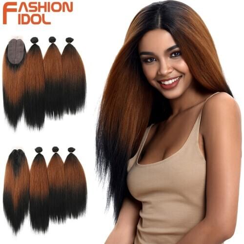 FASHION IDOL 18-22 Inch Yaki Straight Hair Bundles 6 Inch Lace Front With Closure Weave Hair Ombre Brown Golden Hair Extension