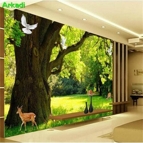 Modern minimalist woods landscape nature green tree dove photo wallpaper living room television background 3d room wallpaper