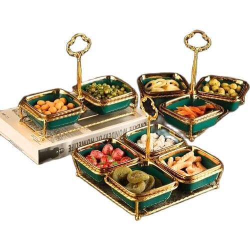 Northern Europe Dark Green Snack Platter Ceramics Dried Fruit Snack Bowl with Metal Base Double Layer Fruit Plate Tableware