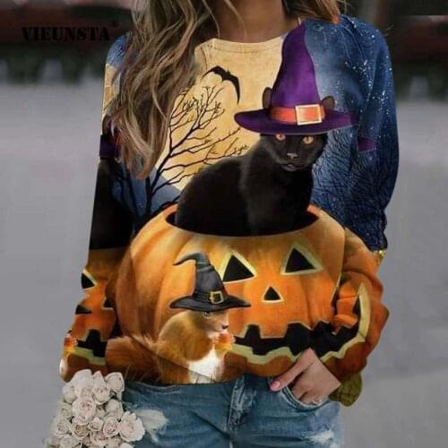 VIEUNSTA Halloween Crow Pumpkin Pattern Printing Pullover 2021 Autumn Winter Womens Casual Loose Round Neck Long Sleeve Jacket