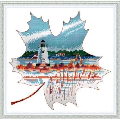Scenery in the leaves Lighthouse pattern counted cross stitch 11CT 14CT with printed cross stitch set DIY embroidery needlework