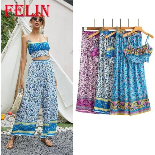 Za Summer 2021 Women Sets Two Pieces Floral Print Boho Sexy Cropped Tops Women and High Waist Wide Leg Long Pants Fashion Suits