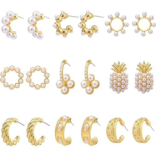 European and American retro jewelry with geometric C-shaped love pineapple pearl fashion earrings for women wholesale