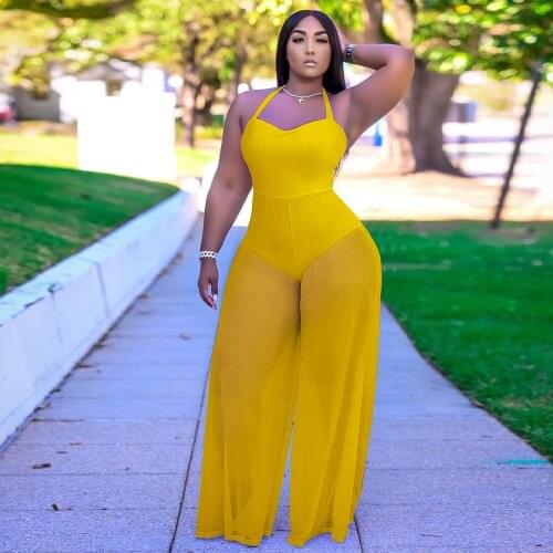 Neon Orange Mesh Sheer Plus Size Jumpsuits for Women Halter Neck Backless Wide Leg Bodysuit Summer See Through Loose Bodysuits