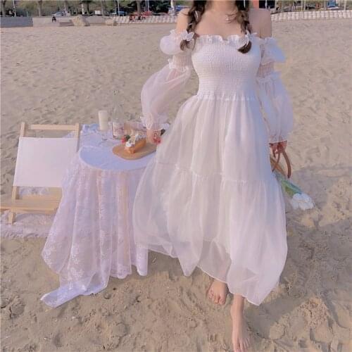 2021 Summer Elegant Casual Fairy Dress Female Beach One Piece Dress Korean Chiffon Lace French Vintage Midi Dess Women Chic
