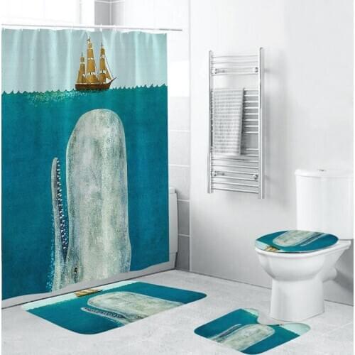 4PCS Shark Deep Sea Waterproof Shower Curtain Pedestal Rug Bath Mat Toilet Cover Waterproof Bathroom Mat Lid Toilet Rug Set