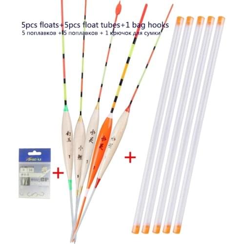 5pcs/lot Shallow Water Fishing Floats Balsa Material Bobber +5pcs Float Tubes+1 Bag Gift Hooks Fishing Flotador Pesca Tackles