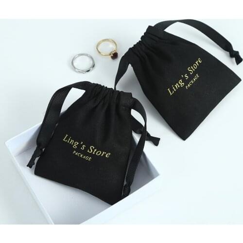50 Black Jewelry Pouches 10A Thick Canvas Cotton Drawstring Pouch Bags with Ribbon Custom Personalized Logo Jewelry Packaging