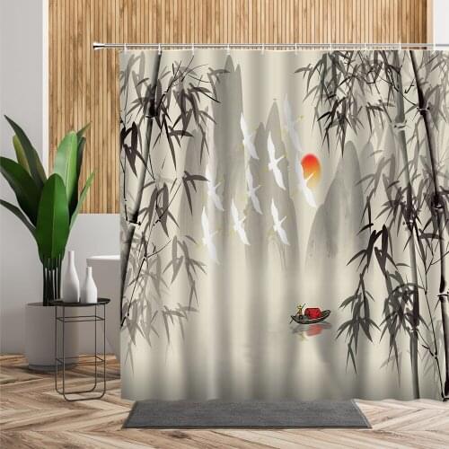 Bamboo Bird Sunshine Lake Boat Shower Curtain Chinese Ink Painting Bathroom Decor Waterproof Bath Cloth Bathtub Hanging Curtains