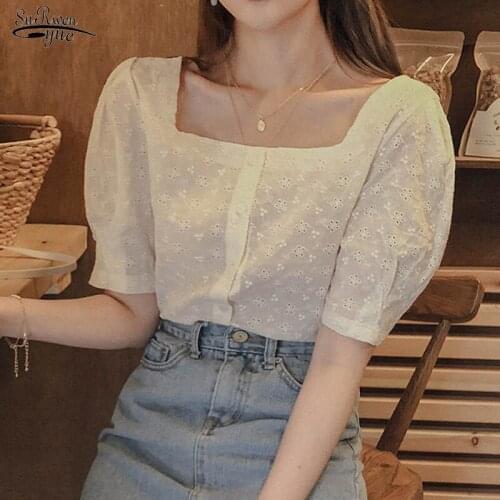 Short Sleeve Linen Cotton Girls Blouse New Square Embroidery Lace Shirt Summer Tops Casual Women Plus Size Women Blouses 10107