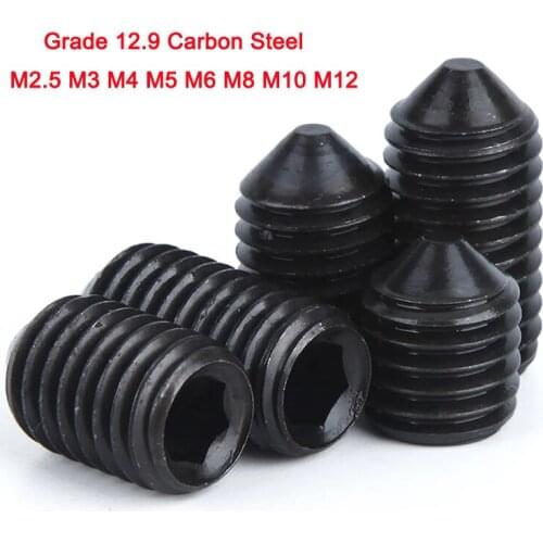 Grade 12.9 Carbon Steel Black Cone Point Hexagon Hex Socket Set Screws Grub Screws M2.5 M3 M4 M5 M6 M8 M10 M12