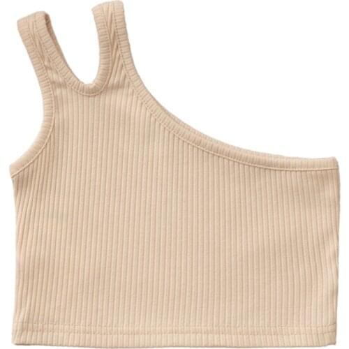 Kids Summer Tank Tops, Solid Color Slit One-Shoulder Sleeveless Tight Crop Tops for Girls, 2-7 Years