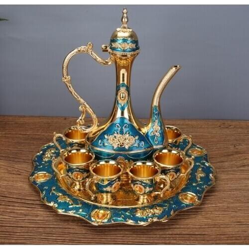 European Zinc Alloy Tea Sets Gold & Blue Color Metal Wine Tea Set Drinkware High Quality Home Drinking Accessories Supplies
