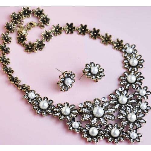 Delicate Pearl Flower Necklaces & Earrings Jewelry Sets Anti Silver Plated Crystal Vintage Noble Jewelry for Women Party Dress