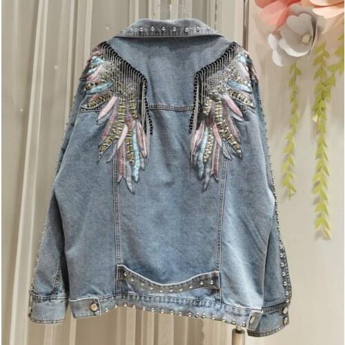 Jastie 2021 Bohemian Style Tassle Wings Embroidered Denim Jacket Lapel Long Sleeve Autumn New Women Jacket Denim Outerwear