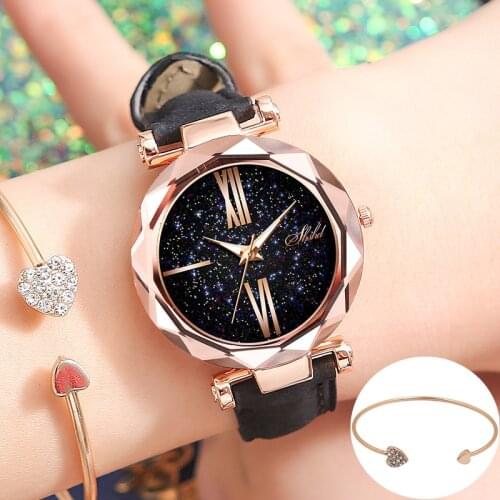 Leather Starry Sky Woman Watch Set 2pcs Luminous Pointer Ladies Watches Roman Dress Wristwatch Bracelet Casual zegarek damski