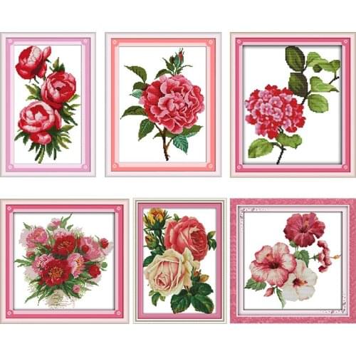 Printed Cross Stitch Set Three Rose Sisters Flowers Patterns 11CT 14CT Counted DIY Handmade Embroidery for Needlework Fabric Kit