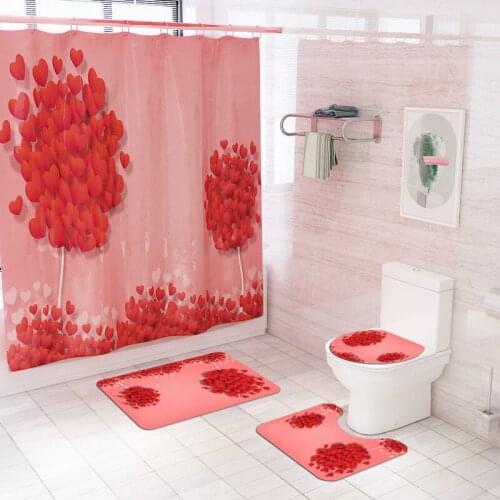 Heart Pattern Toilet Rugs Set Non Slip Bathroom Rug Wash Room Bath Mats Set and Shower Curtain Waterproof WC Carpet Washable