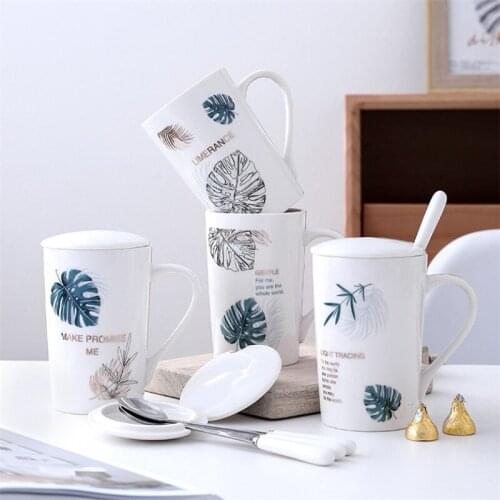 Nordic Ceramic Simple Coffee Mug with Spoon and Lid Set Home Porcelain Hand-painted Green Plants Milk Juice Mug Office Tea Cup
