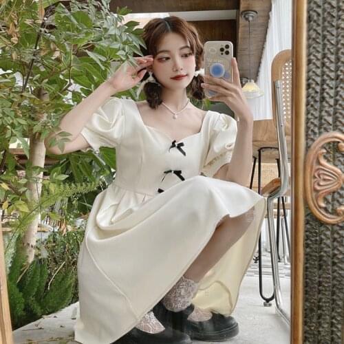 One Piece Kawaii Dress For Women Summer Sweety Square Neck Puff Sleeves Elegant Party Mini Dress Korean Baby Doll Female Dresses