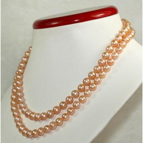 Genuine 2 row strands 8-9mm natural freshwater pink pearl necklace 17" -18"