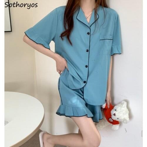 Pajama Sets Women Ruffles Solid Simple Casual V-neck Soft Lounge Wear Loose Kawaii Japanese Style Female Summer Fashion Sweet