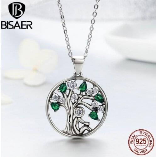 BISAER Authentic 925 Sterling Silver Family Tree Of Life, Green AAA Zirconia Pendant Necklace Silver Fashion Jewelry ECN094