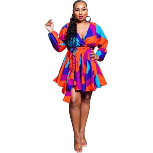 Plus Size Vintage Casual Printed V-neck Big Swing Long Sleeve Sexy Dress Women With Belt Streetwear Clothing