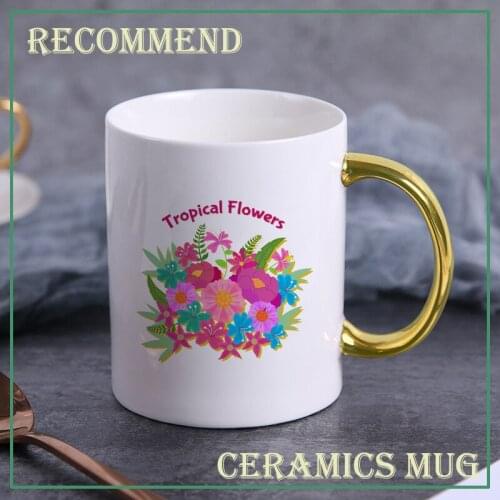 Luxury Bright flowers Pattern Cup golden Handgrip Mug Gift Box Coffee Mug Couple Ceramic Wedding Bridal Lovers Gifts KTZW-039