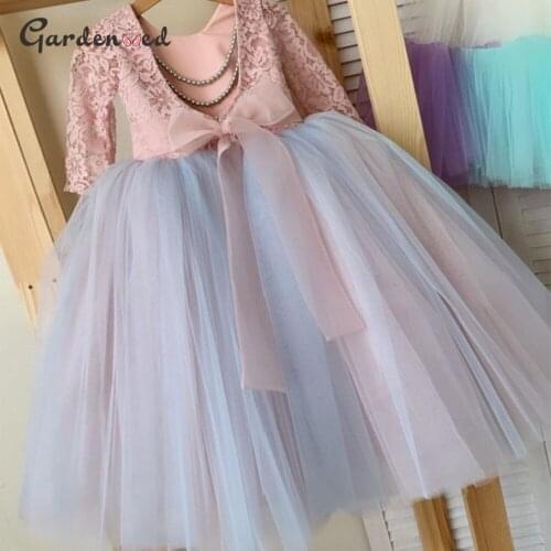 Pink Lace Flower Girl Dresses Long Sleeve Appliques Wedding Girl Dresses Pearl Belt Backless Bow A-Line Communion Dress