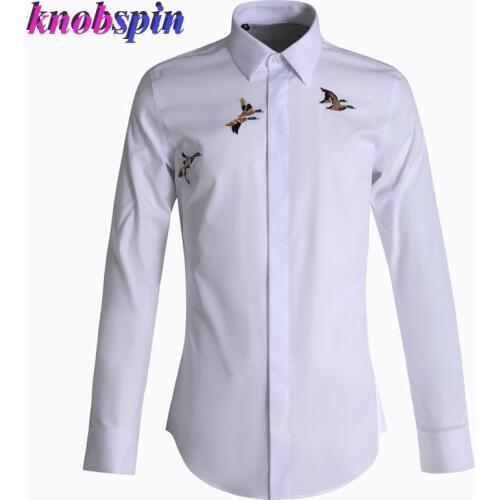 Wild Goose Simple Embroidered Mens Shirt Long Sleeve Solid Slim Camisas Social masculina Brand Business male dress Shirts M-4XL
