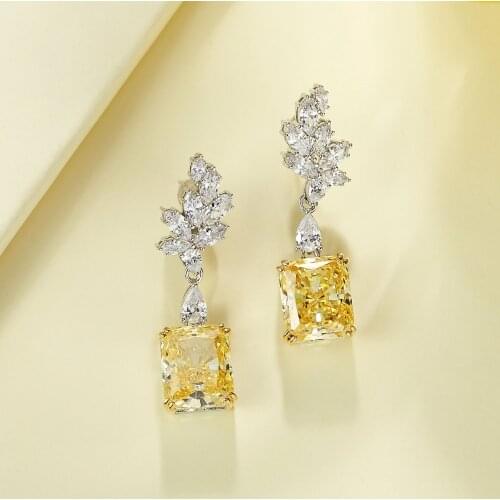 Pure Silver 925 Fine Jewelry Earrings 11*13MM Simulated Moissanite Diamond Citrine Gemstone Charms Drop Dangle Earring Wholesale