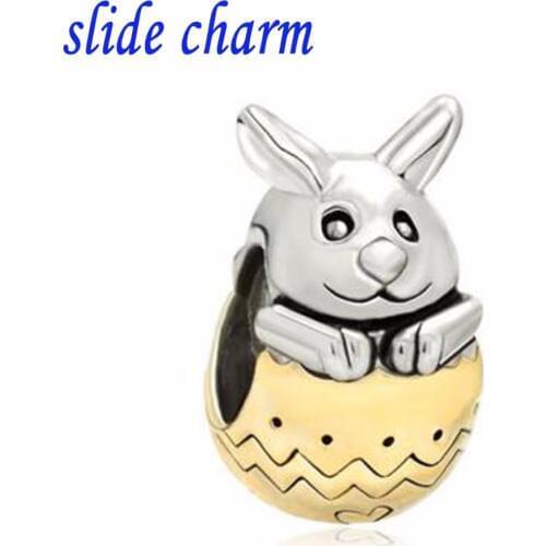 Slide charm wholesale Free shipping Plated Tone Cute Rabbit Bunny Easter Bead Charm fit Pandora bracelet