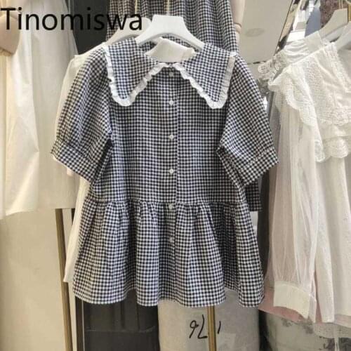 Tinomiswa Contrast Color Plaid Blouse Women Lace Patchwork Peter Pan Collar Short Sleeve Shirt Single Breasted Tops Blusas Mujer