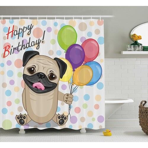 Birthday Decorations for Kids Shower Curtain Animal Cute Dog Smiling Pug with Party Balloons Greeting Card Bathroom Curtains