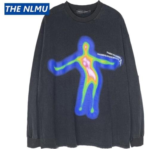 Hip Hop Streetwear Vintage Sweatshirt 2021 Autumn Creative Print Pullover Men Harajuku Cotton Casual Tops Loose Hole WE268