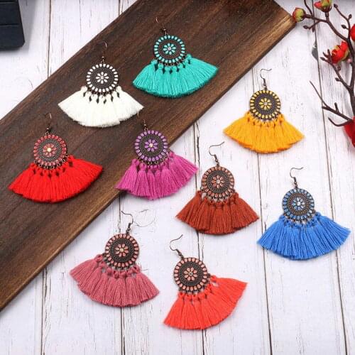 Vintage Style Round Accented Enamel Cutout Flower Fringe Boho Tassel Earrings for Women Fall Jewelry Wholesale