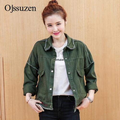 Preppy Style Fashion Flash Khaki Denim Coat Female Slim Army Green Jeans Jacket Womens Letter Embroidery Denim Jacket