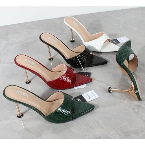 Fashion womens slippers super high heel outside 2021 summer new stone pattern electroplated fine heel street sandals 10CM