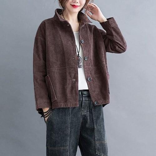 Lucyever Vintage Corduroy Women Jacket Autumn Loose Plus Size Single Breasted Turn Down Collar Loose Female Casual Cotton Coat